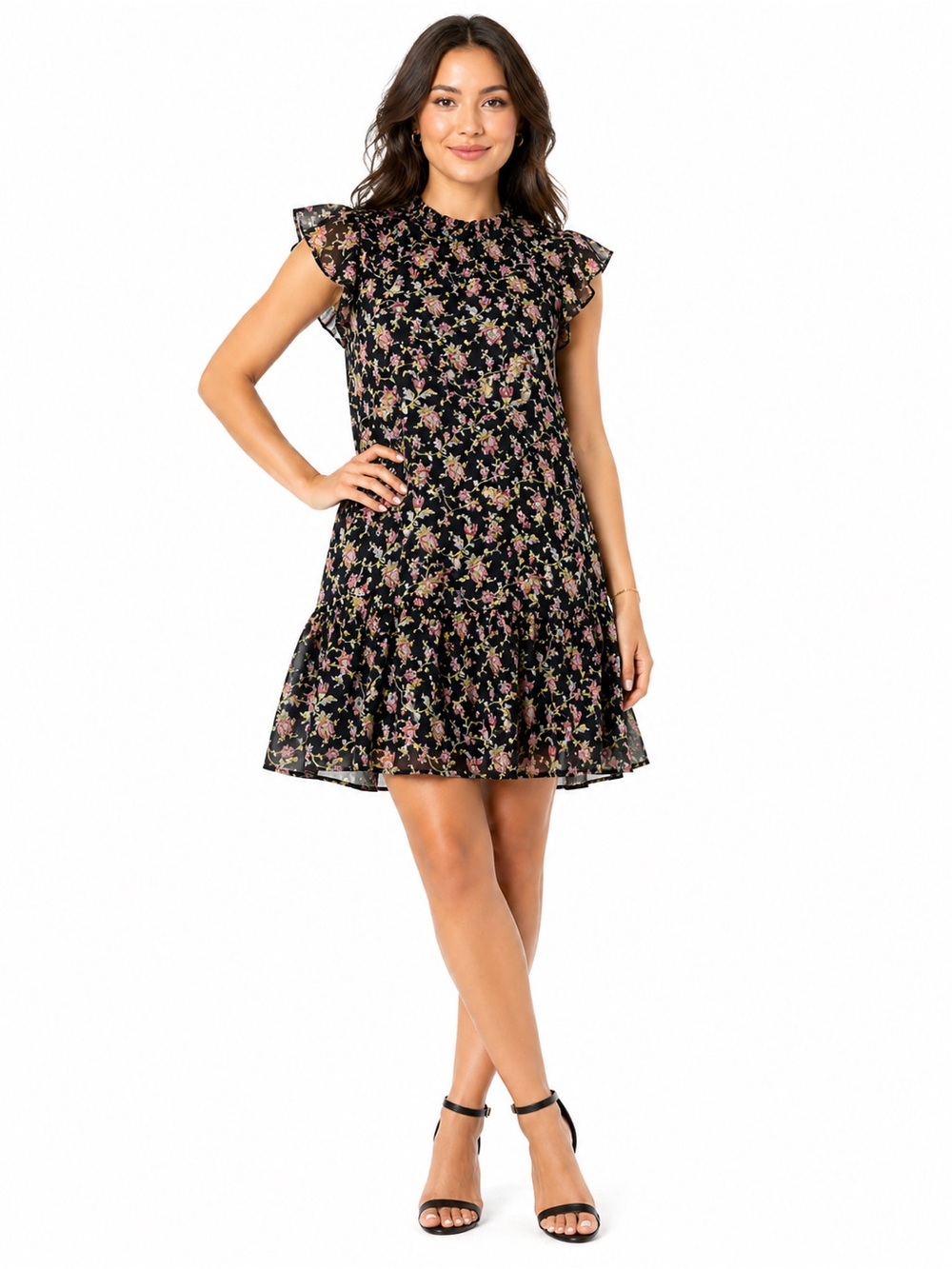 Loft Navy Floral Tiered Dress with Pink & Green Accents
